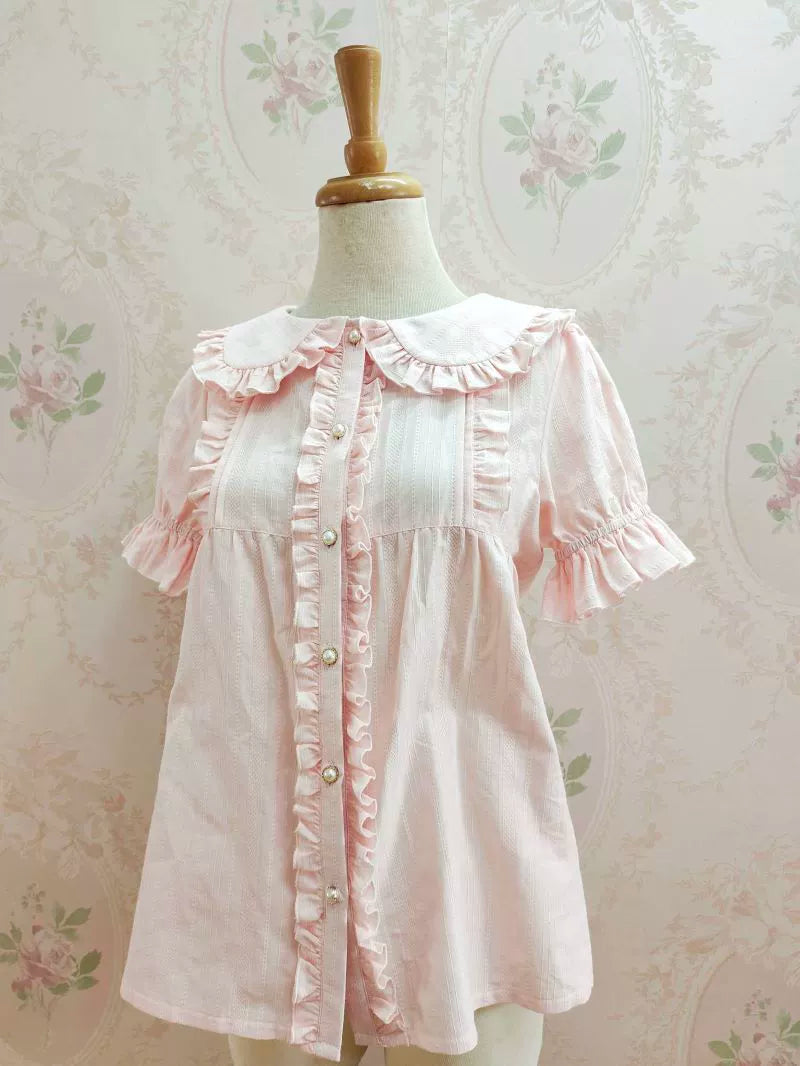 Ruffled Short Sleeve Cotton Blouse