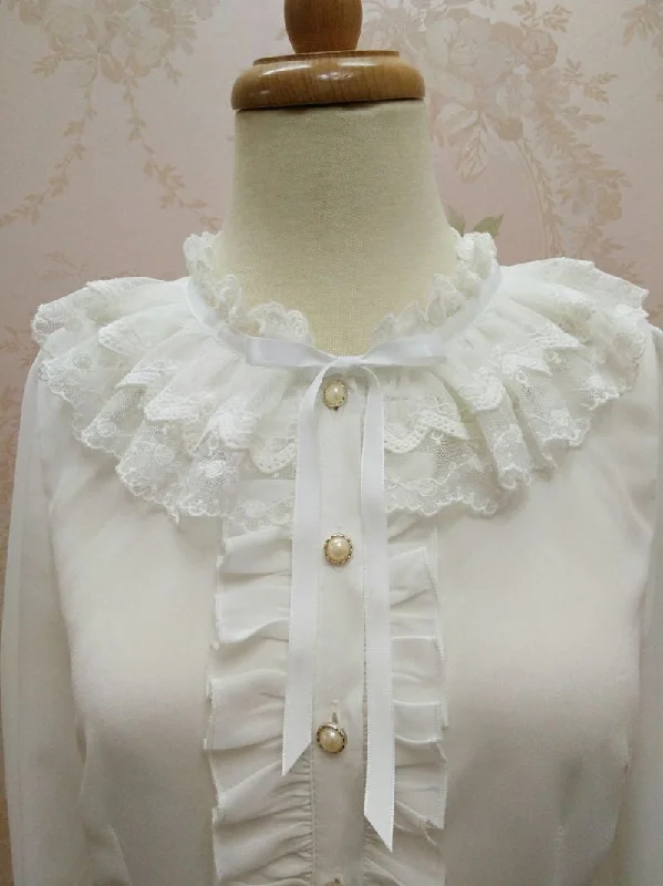 Ruffled Double Lace Collar With Bow Long Sleeve Blouse