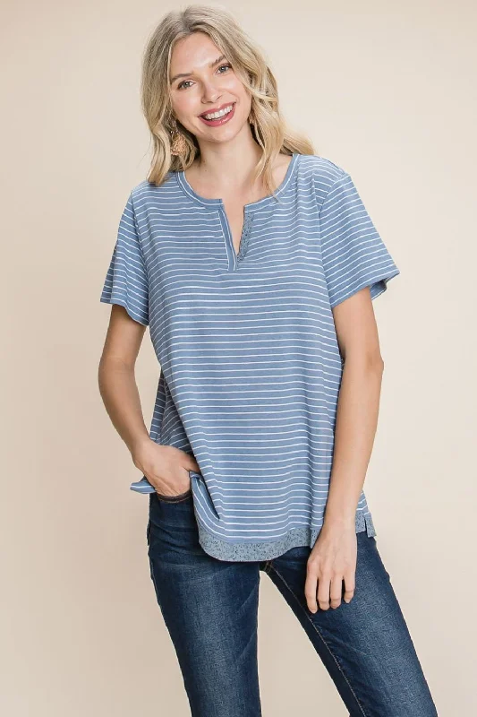 Striped Notched Short Sleeve T-Shirt