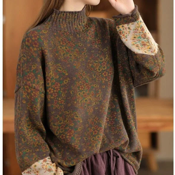 Winter Retro Floral Cotton Knitted Loose Cardigan