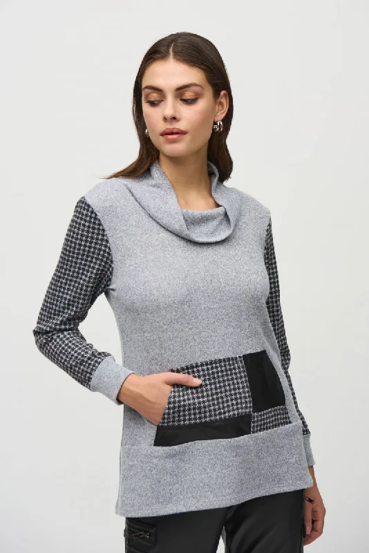 Joseph Ribkoff Grey/Black Cowl Neck Houndstooth Tunic Sweater 244002