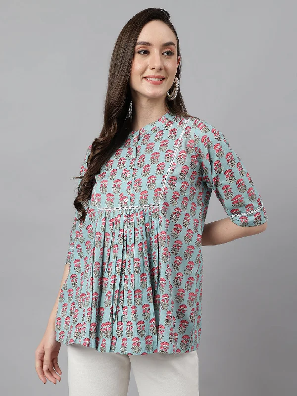 Aqua Blue Cotton Block Print A-Line Top