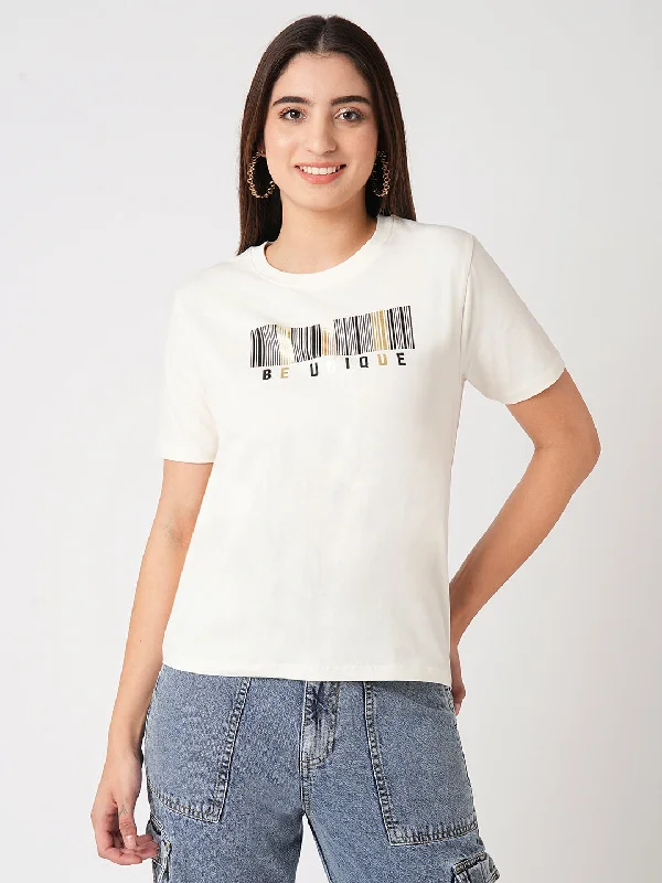 Women Slim Fit Ivory Boxy Chest Print T-Shirt