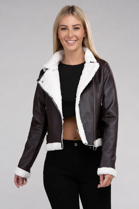 Ambiance Apparel Plush Teddy Trimmed PU Jacket