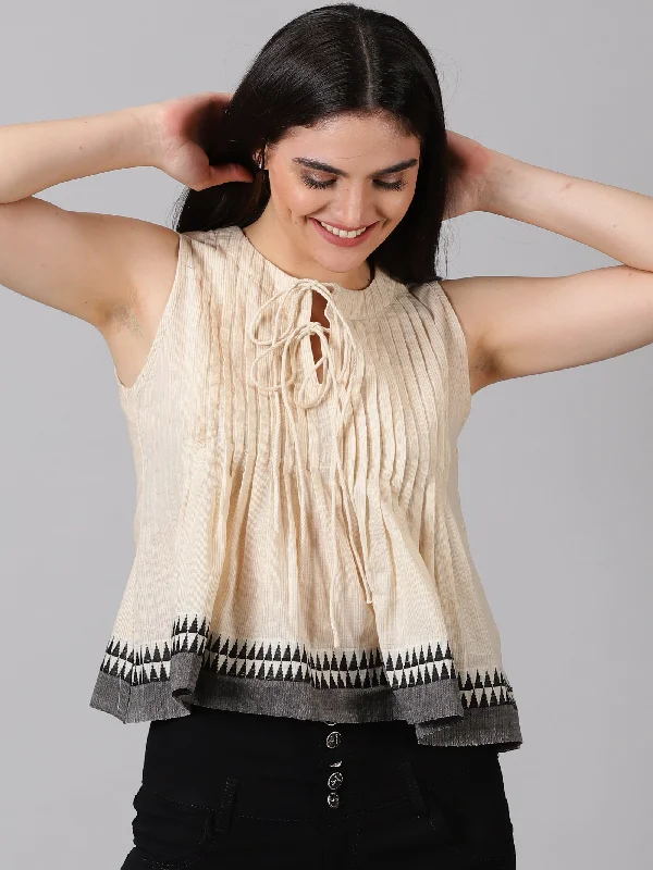 Women Cream-Coloured Keyhole Neck Empire Crop Top