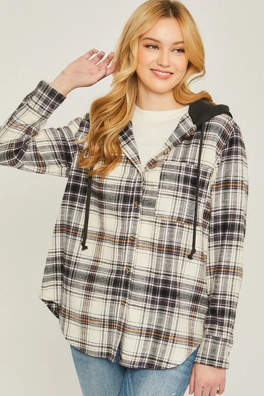 Plaid Flannel Button Up Shacket with Hood