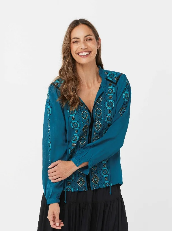 Woman Fashion Casual Embroidery Winter Top Katya Top | Teal/Viscose