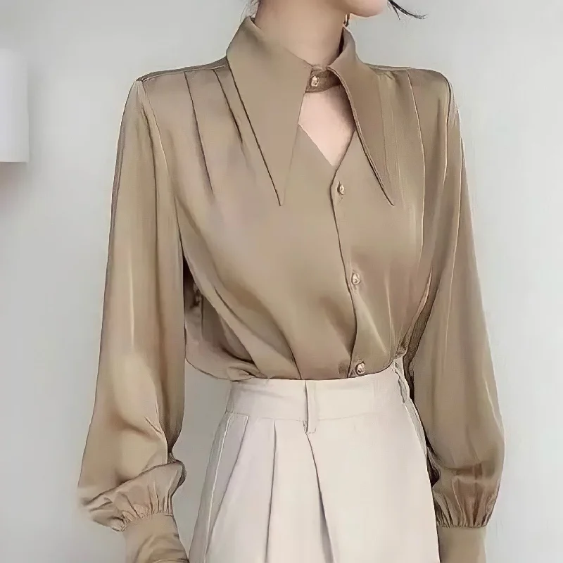 Minimalist Turn-down Collar Long Sleeve Blouse Solid Color Elegant