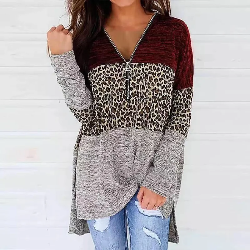 Loose Leopard Print Tops  V-Neck Zipper Wholesale Womens Long Sleeve T Shirts