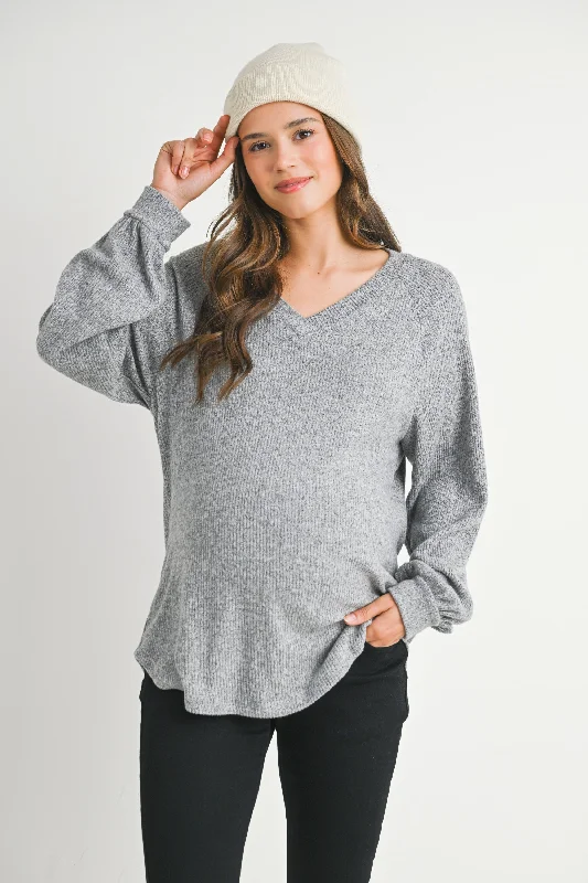 Loose Fit Ribbed Long Sleeve V Neck Maternity Top