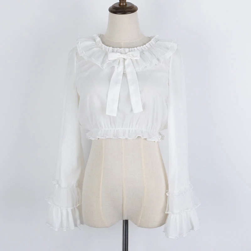 Ruffled Chiffon Blouse with Long Trumpet Sleeves